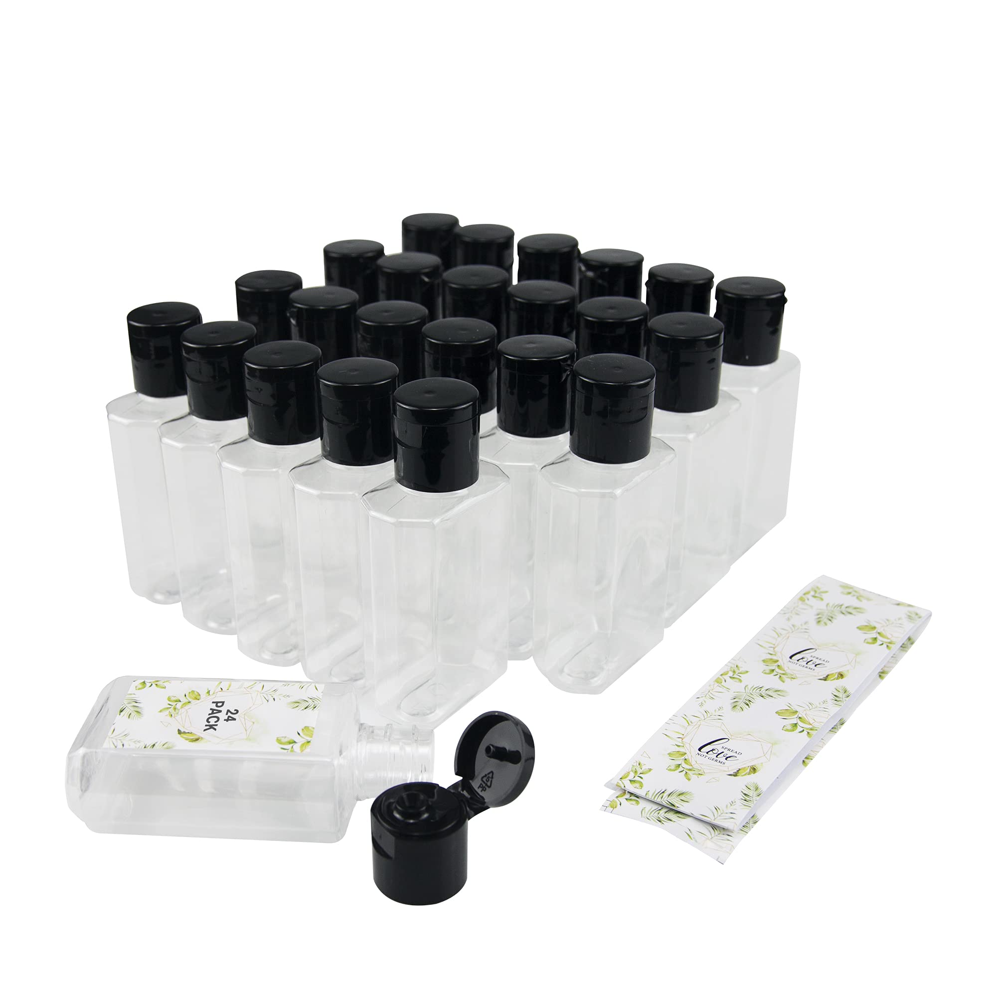 24 Pack 2oz Empty Clear Plastic Bottles, Mini Travel Size Bottles, Portable Reusable Refillable Containers for Hand Sanitizer Shampoo Lotion Baby Shower Containers, BPA Free (24Pcs-Black-Lid)…