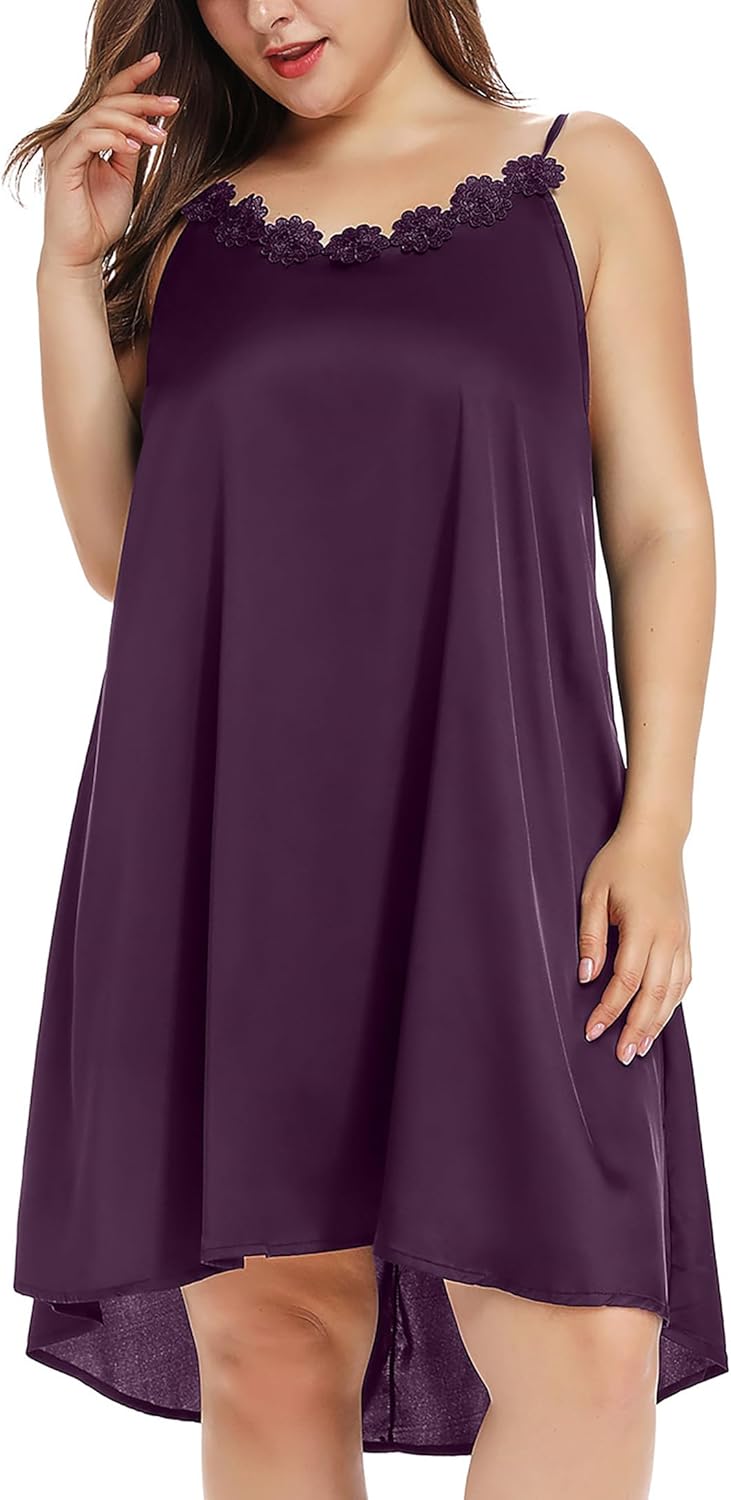 Women's Plus Size Satin Nightgown Sleeveless Chemise Slip Lingerie Sleepwear with Floral Neckline - Image 2