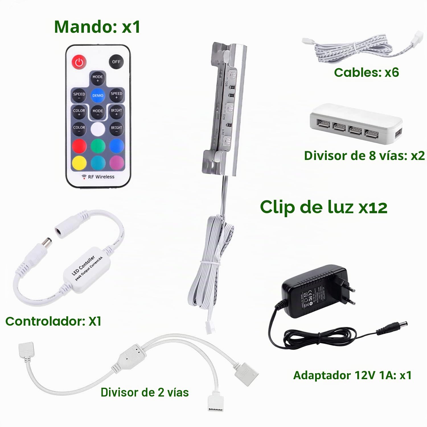 AIBOO Iluminación LED para suelo de cristal, juego de 12 unidades, clips, iluminación de cantos de cristal, cambio de color RGB, iluminación LED para armario, vitrina con mando a distancia