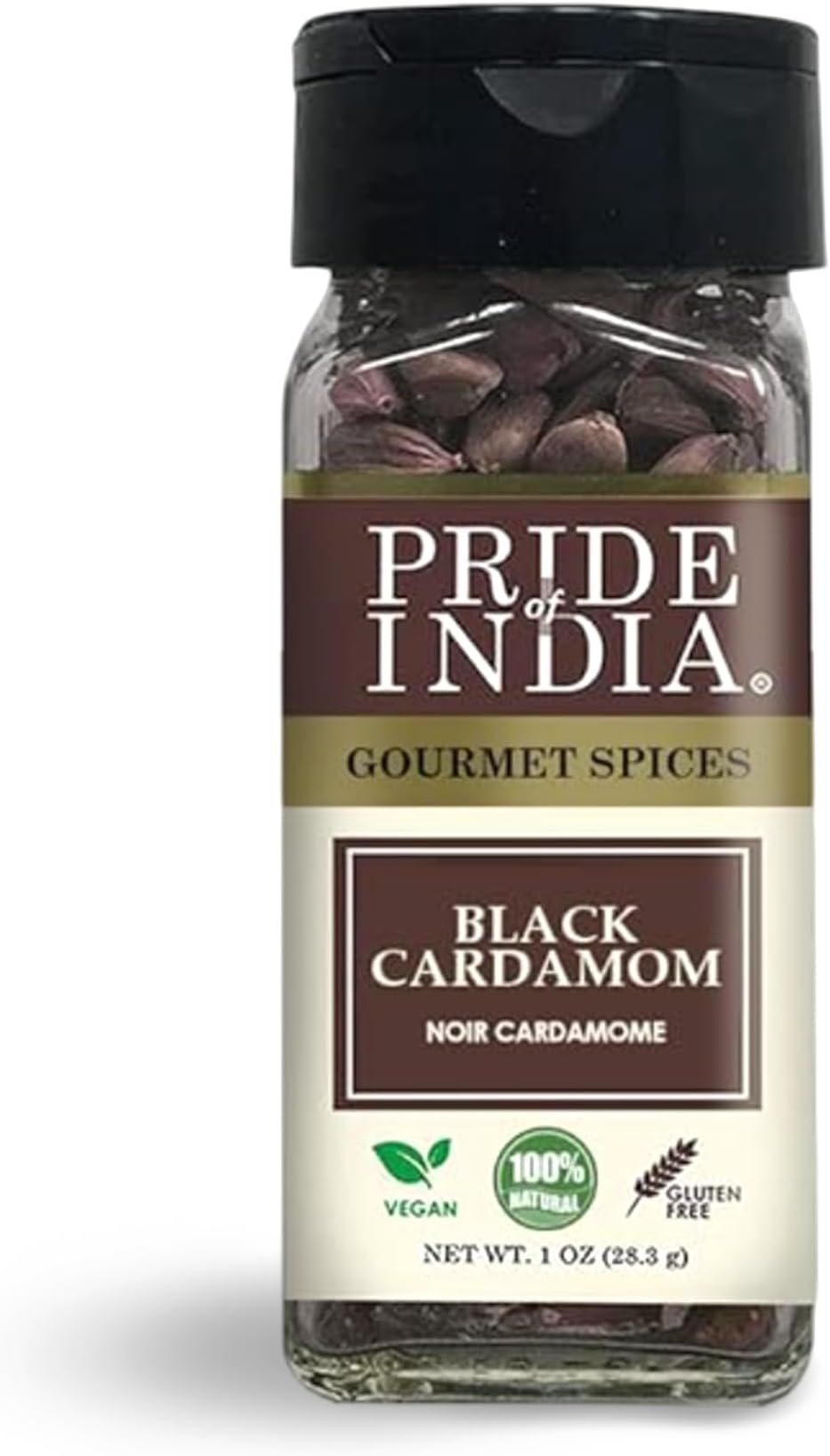 Pride of India Black Cardamom Pods 1 oz | Whole Black Cardamom Spice for Biryani, Curry, Stew & Garam Masala | Smoky Aromatic Elaichi for Indian & Asian Cooking | Dual Sifter Bottle