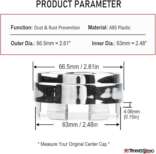 Miniatura 2 de RTrhinoTuning 4 tapas centrales de rueda de 2.618 in para cubierta central de llanta de rueda OD 2.62"(66.5 mm) ID 2.48"(64 mm) Plata