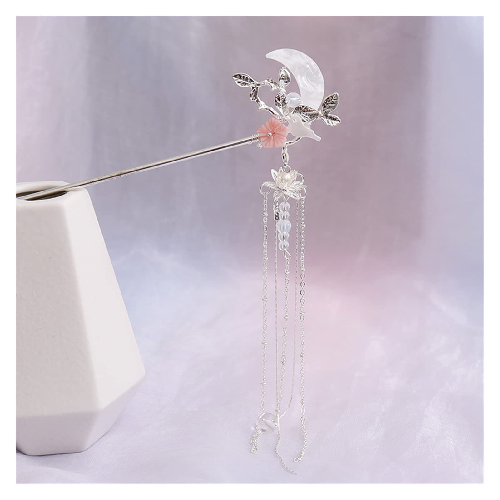 Fiori di Chiusura dei Capelli cristallini da Donna Design Design in Argento Scepisci Il Bastone for Capelli Hanfu con Tappeto. (Color : Moon Tassel)