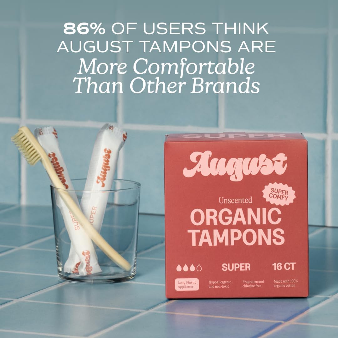 August Organic Cotton Tampons, 96 Super Tampons Made with Organic Cotton, Long Applicators, Non-Toxic, Fragrance-Free, Chlorine-Free, and Hypoallergenic (6 Boxes of 16/12 Boxes of 8)