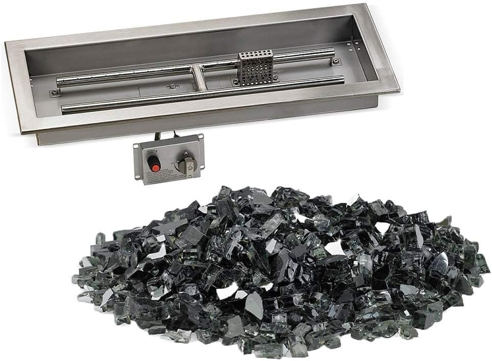 Drop-in Fire Pit and Fire Glass Package Deal - Includes 30 lbs of 1/4-Inch Reflective Glass Color: Black and Stainless Steel Drop-in Fire Pit Pan w/Electronic Ignition (24" x 8")