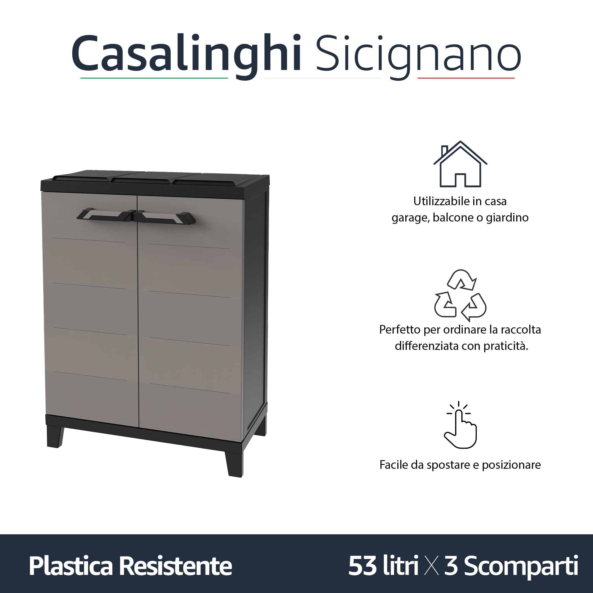 Sicignano Armadio Raccolta Differenziata in Plastica Riciclata per Interno ed Esterno con 2 Ante e Ripiani di Sicurezza – Antracite/Grigio Tortora 66x40x172 cm