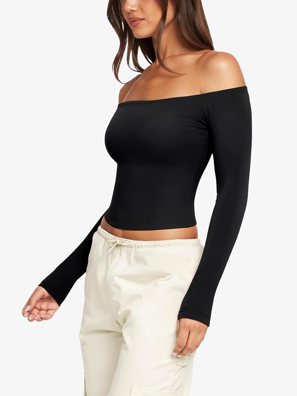 LASLULU Womens Sexy Off The Shoulder Long Sleeve Workout Tops Strapless T Shirts Crop Top Casual Fall Outfits - Image 4