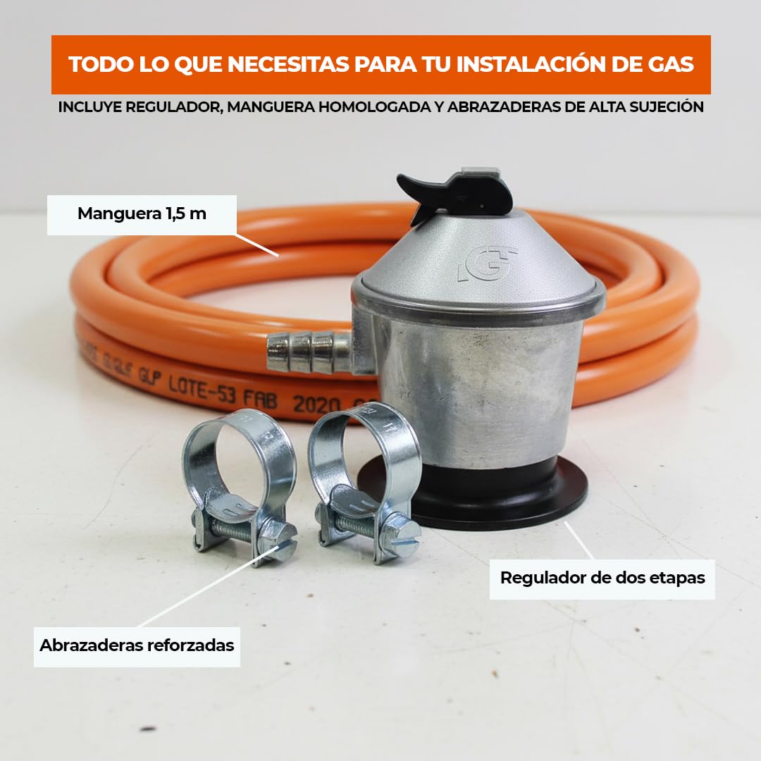 REPORSHOP - Kit Completo para Instalaciones de Gas Butano y Propano - Regulador de Gas con Caudal 2,5 kg/h - Tubo Manguera Butano 1,5 mt Diámetro 9-15 mm - 2 Abrazaderas