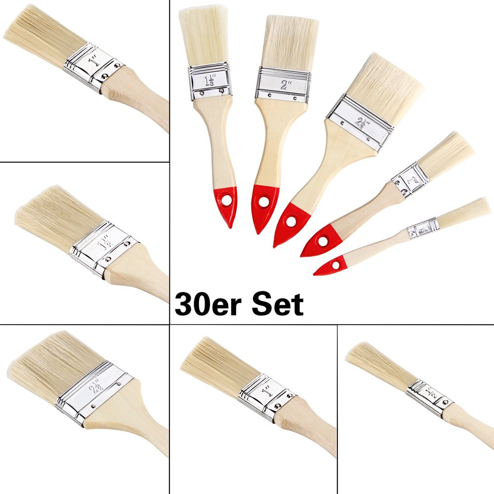 30 Stück Natur/Rot Profi Pinsel Set 5 Verschiedene Größen Malerpinsel Set für DIY Arbeiten Innen Außen
