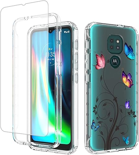 Funda para Moto G9 PlayMoto E7 PlusMoto G9 con protector de pantalla de vidrio templado, cuerpo completo transparente con protección de diseño