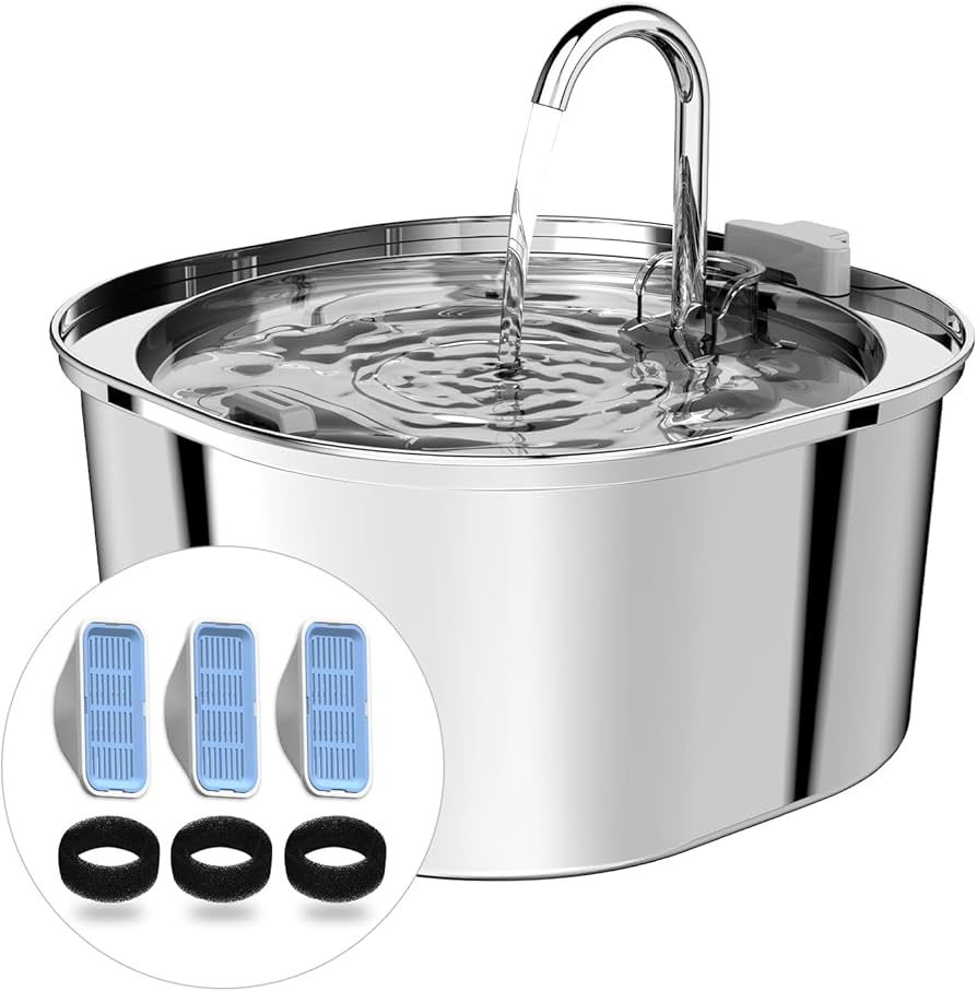 PEKTACO Cat Water Fountain, 3.2L/108oz Stainless Steel Pet Water Fountain for Cats/Dogs Indoor, Dog Drinking Dispenser Metal Kitty Spout with 3 Replacement Filters