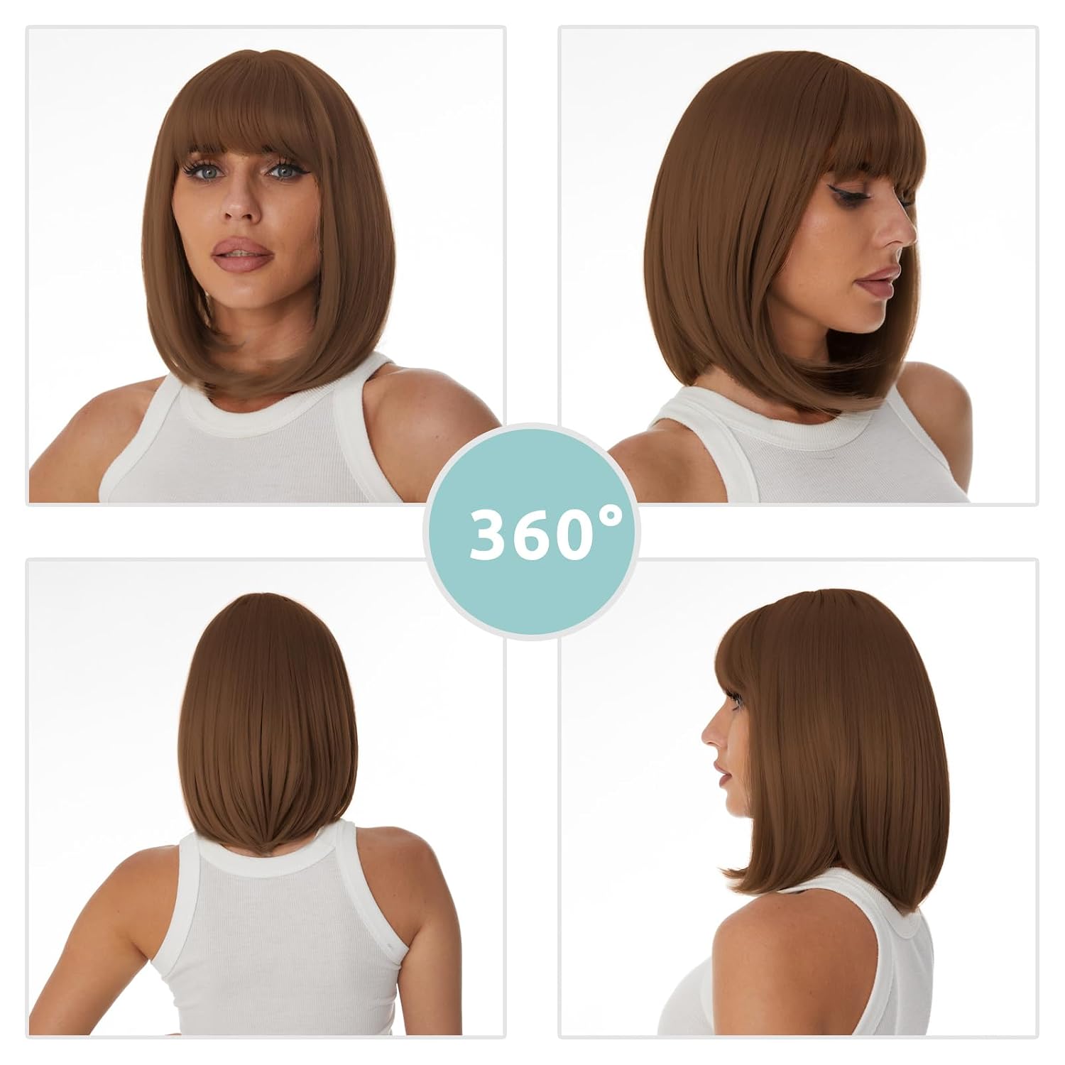Onpep Auburn Bob Wigs with Bangs for Women Short Straight Shoulder Length Heat Resistant Synthetic Wig Light Golden Brown Natural Looking for Daily Cosplay Party