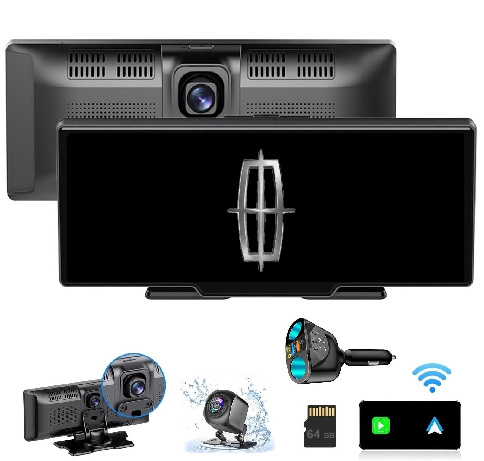 World's First *Dual BlueTooth, Car Logo Start Screen* Portable Wireless Carplay/Android Auto Display, 2.5K Dash Cam, 9.3" HD IPS Touch Screen,1080p Rear Cam, Loop Record, Mobile Mirror (Lincoln)