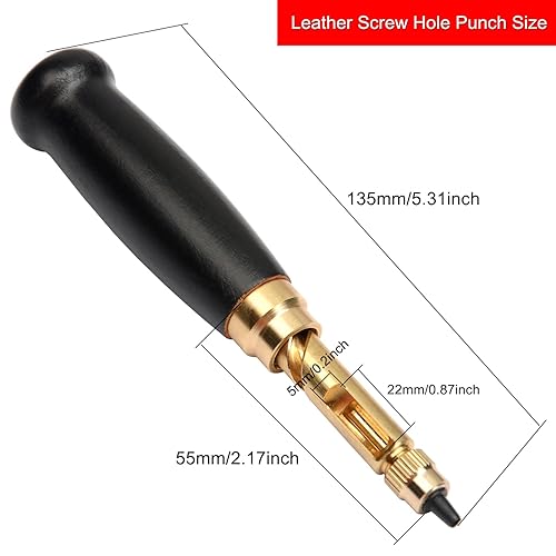 Miniatura 3 de CJRSLRB Perforadora japonesa con tornillo ajustable de 6 tamaños de punta, perforadora de cuero con mango de madera, juego de perforadores de cuero