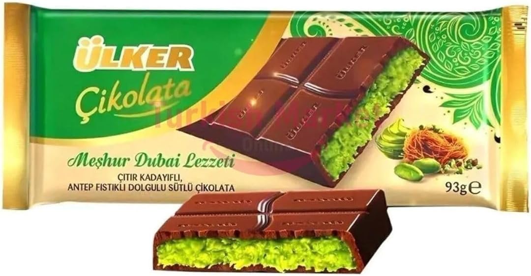 Premium Dubai Chocolate 93 G in Kadayif Antep Pistachio - Viral Crispy Dubai Chocolate with Knafeh and Pistachio Cream - Gold series Chocolate - Kadayif Dubai Cikolatasi 1 pack 93G