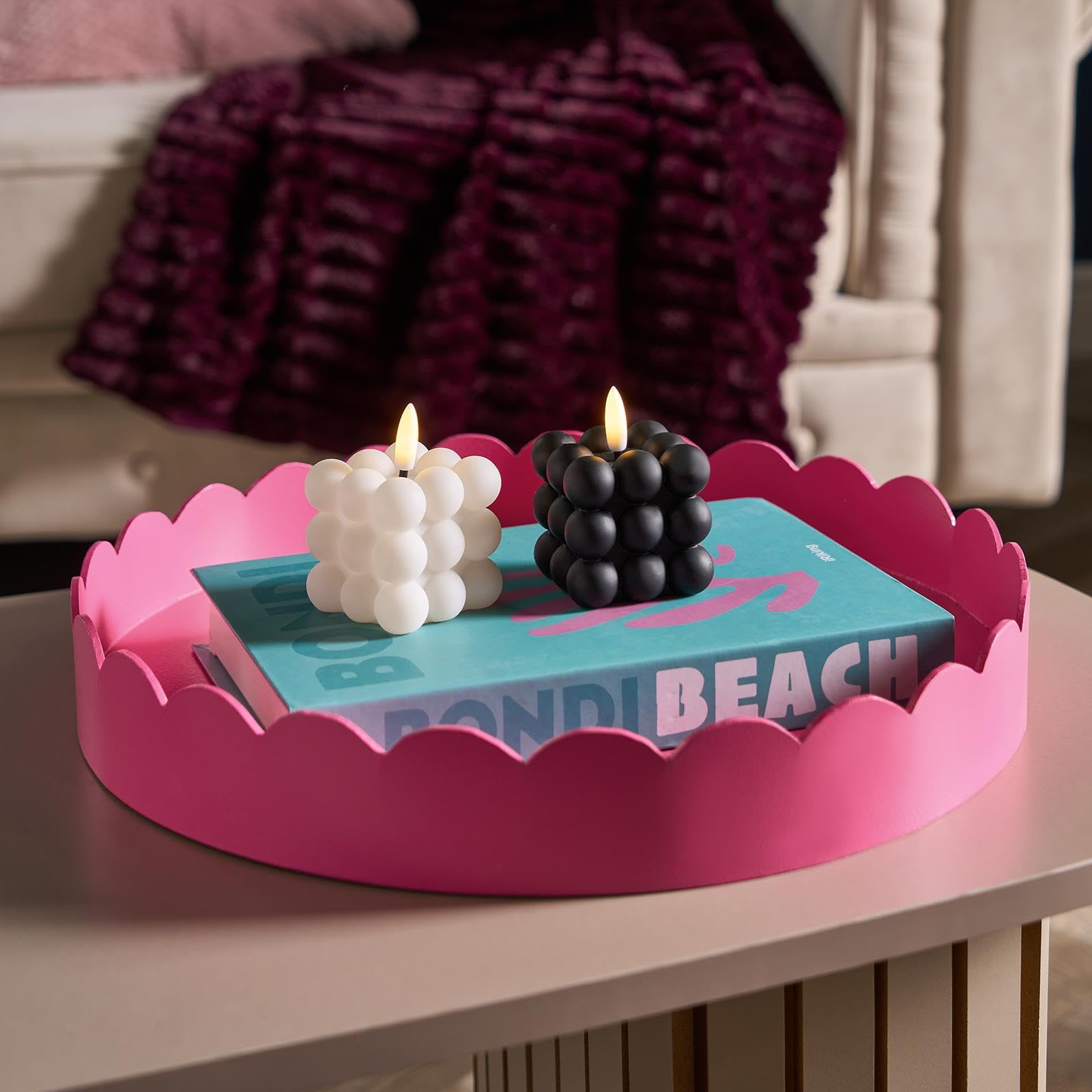 Ohs Hot Pink Round Decorative Tray, Scallop Serving Tray Candle Holder Bathroom Vanity Trays For Dresser Bedroom Kitchen Countertop Coffee Table Tray Plastic Organiser Accessory Trays,