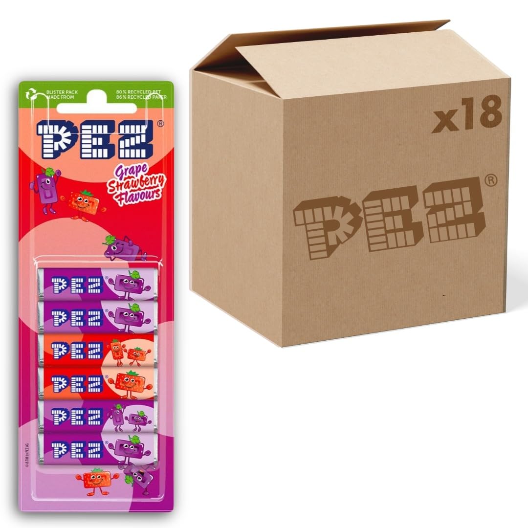 PEZ Dispenser Refill, Grape & Strawberry, Fruity Flavour Pressed Candies, 6 x 8.5 g (Pack of 18)