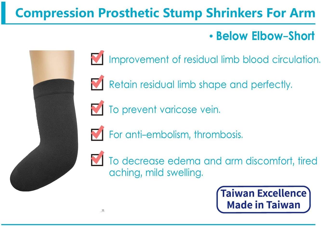 Prosthetic Stump Shrinkers for Arm–Below Elbow - Short, Compression, Healthcare, Amputee arm Sleeve, 20-30, Elastic, Taiwan Excellence L