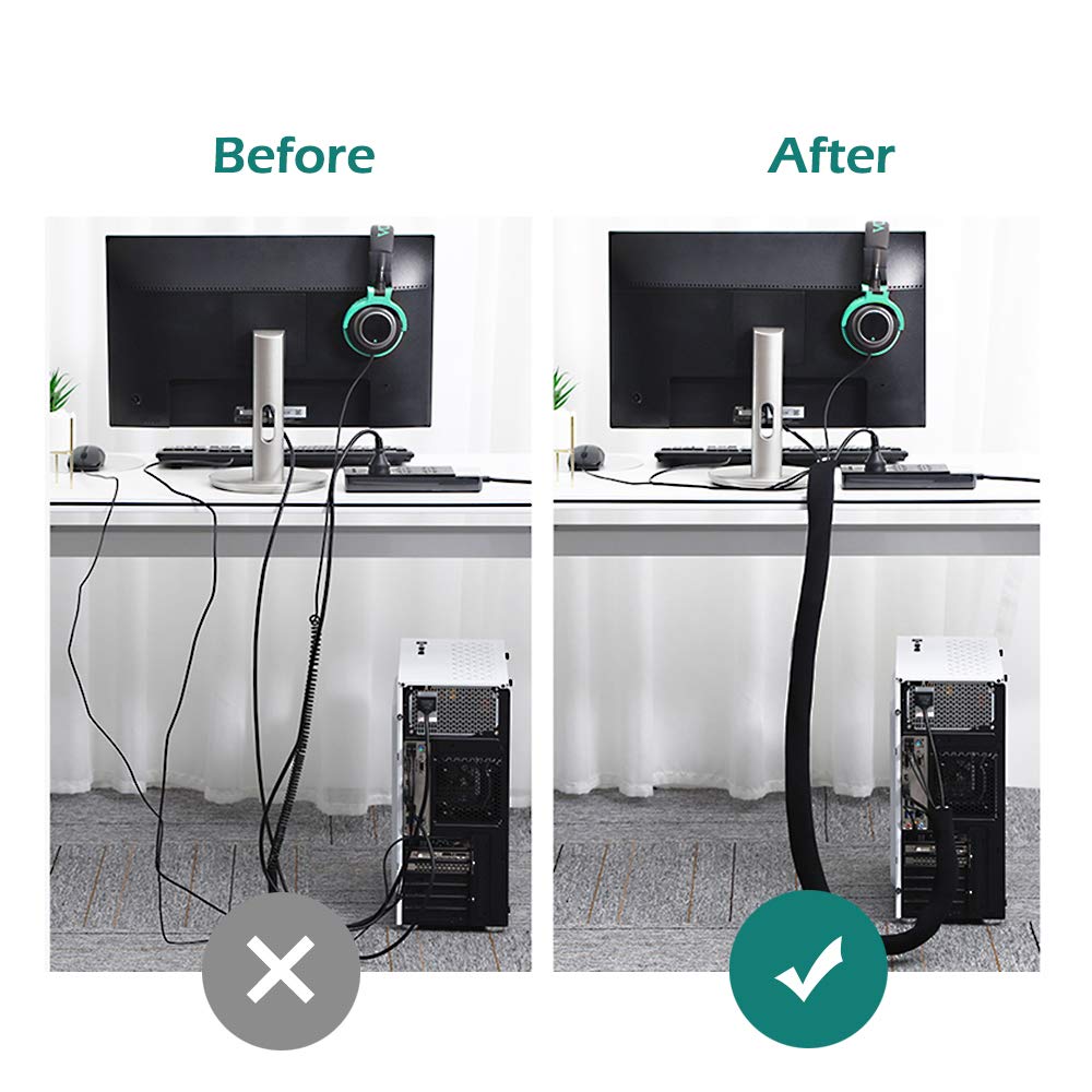 Organizar Cables 4m, GeeRic Neopreno Flexible Funda para Manejo De Cables, Impermeable, DIY Cortable y Ajustable, Protector de Cable para Escritorio, Oficina, Mesa, TV.