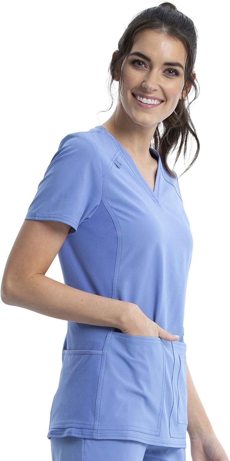 Cherokee Women's Medical Scrub Top Iflex V-Neck Knit Panel Top CK605 | Crosshatch Dobby, 360° Stretch, Moisture Wicking, Princess Seams, Easy Care For Long Shifts, Built for Medical Professionals