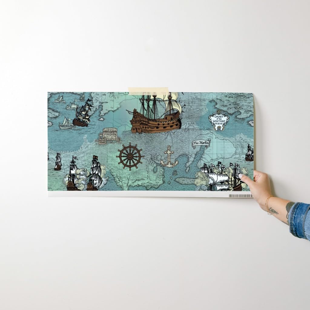 Peel & Stick Wallpaper Swatch - Pirate, Map, Ships, Blue, Big, Ocean, Anchor, Sailor, Nautical, Sea Custom Removable Wallpaper by Spoonflower