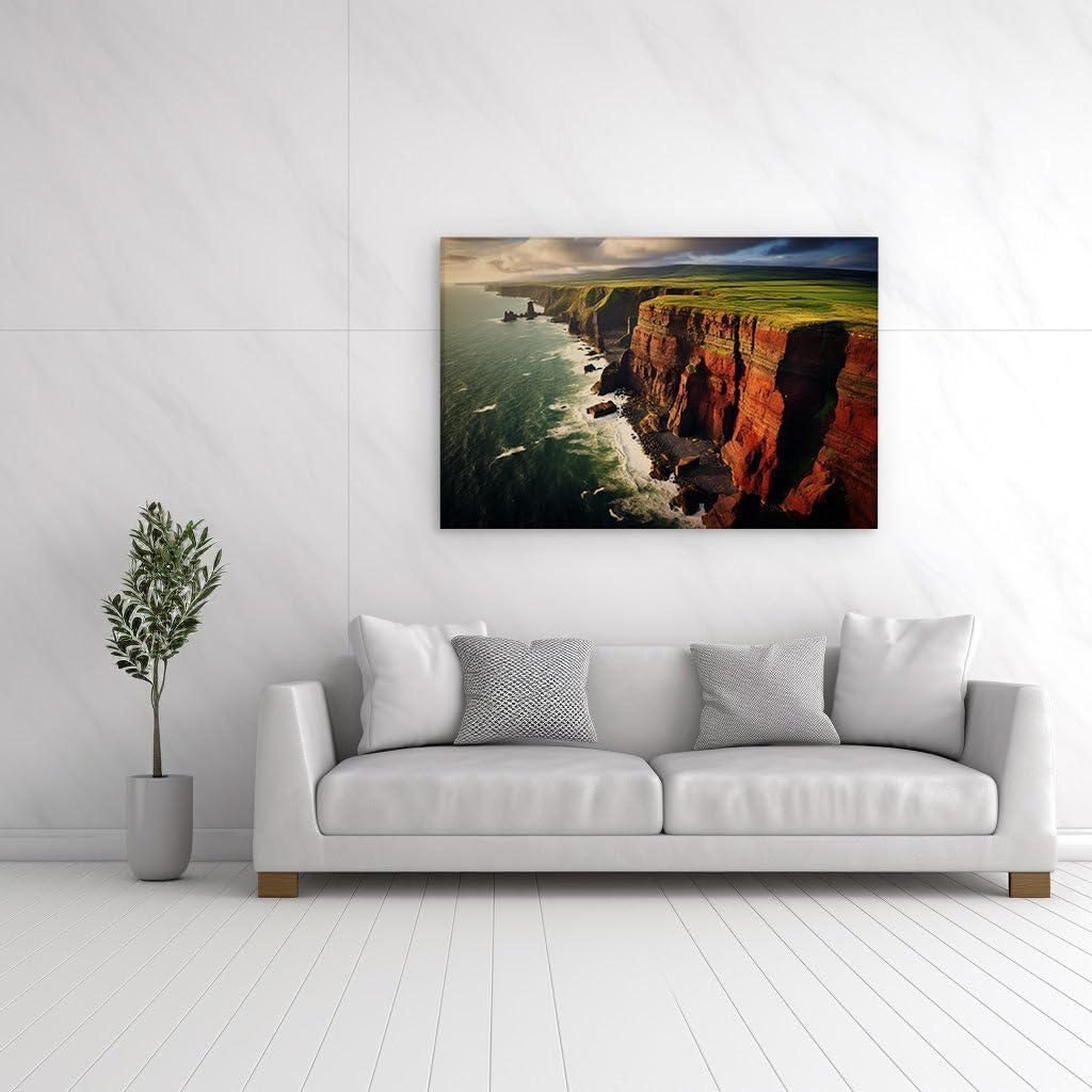 Canvas for Living room. Cliffside Majesty Amidst the Fury of Sea and Storm, 27 x 18 inch Canvas Wall Art - Sunset - Modern Home Decor - 69x46 cm (27x18 inch)