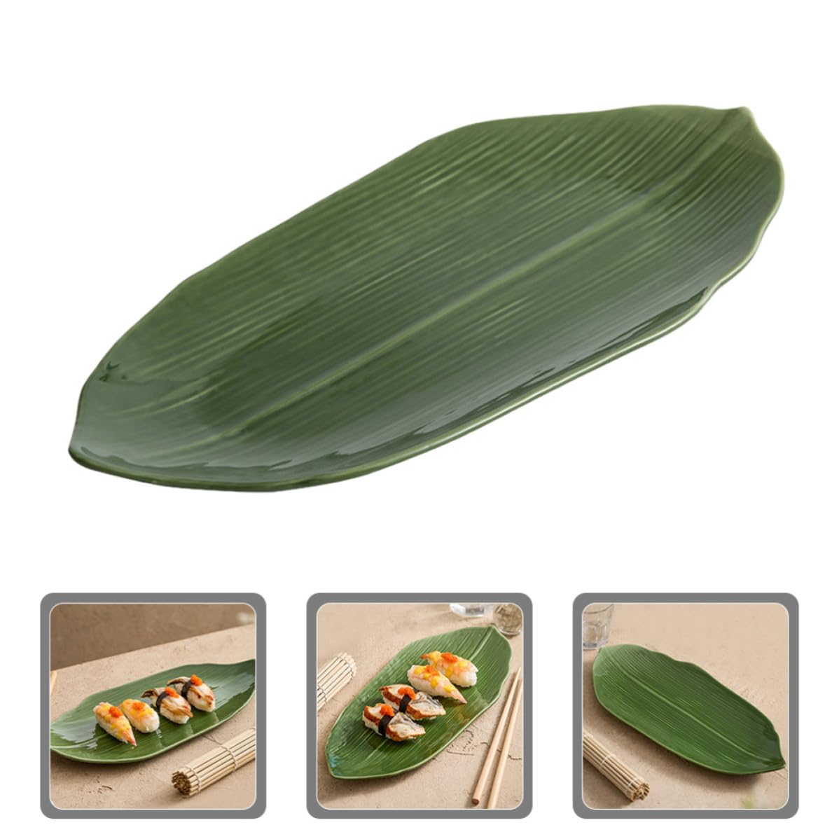 Assiette à Sushi Facile à Nettoyer Forme Feuille Naturelle en Céramique Verte 37cm pour Service Alimentaire Restaurants et Hôtels