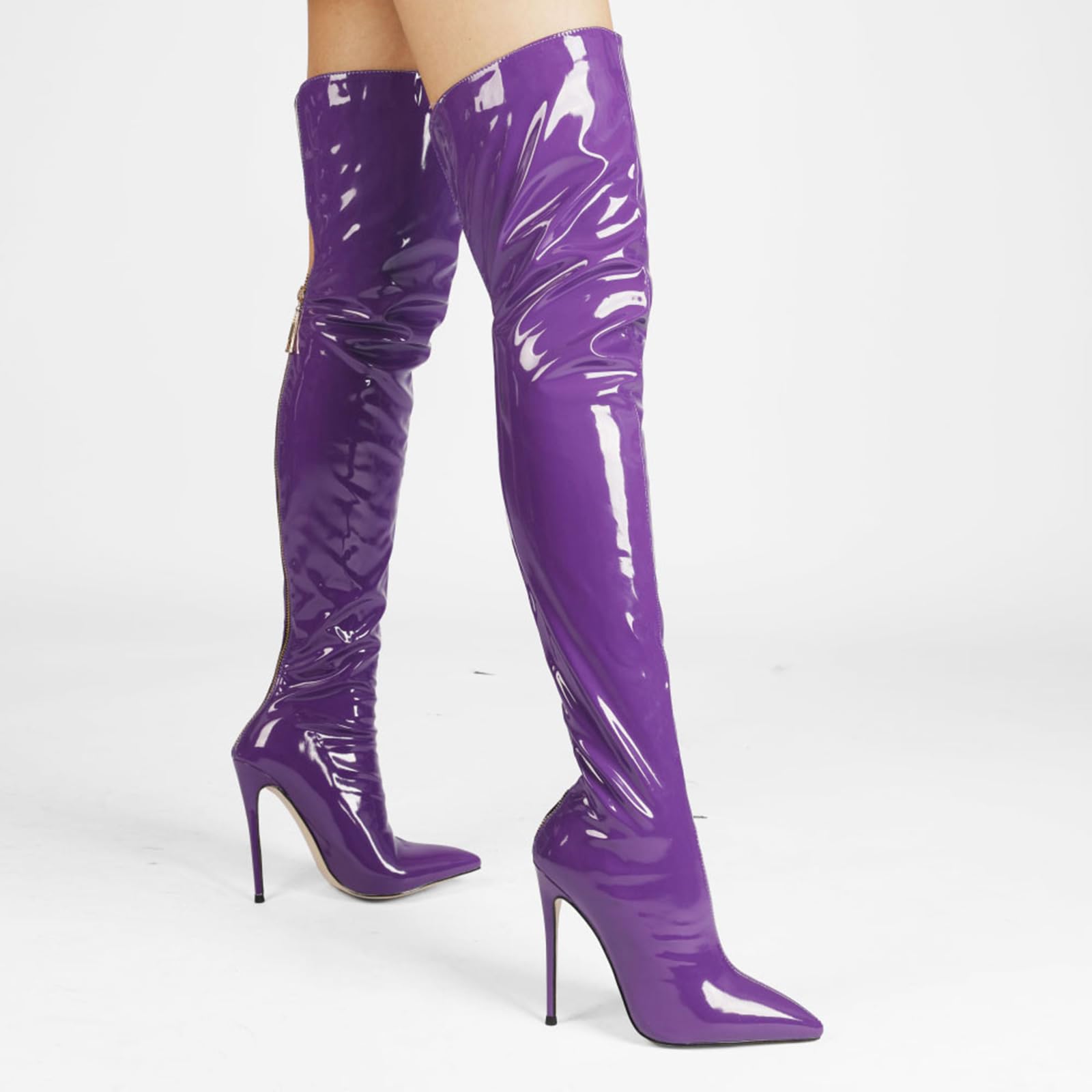 woileRQ Stivali da Donna in Vernice Rosa sopra Il Ginocchio, Tacchi a Spillo Punta Zippe Alti Stivali a Coscia, Stivali Lunghi Autunno Inverno Moda