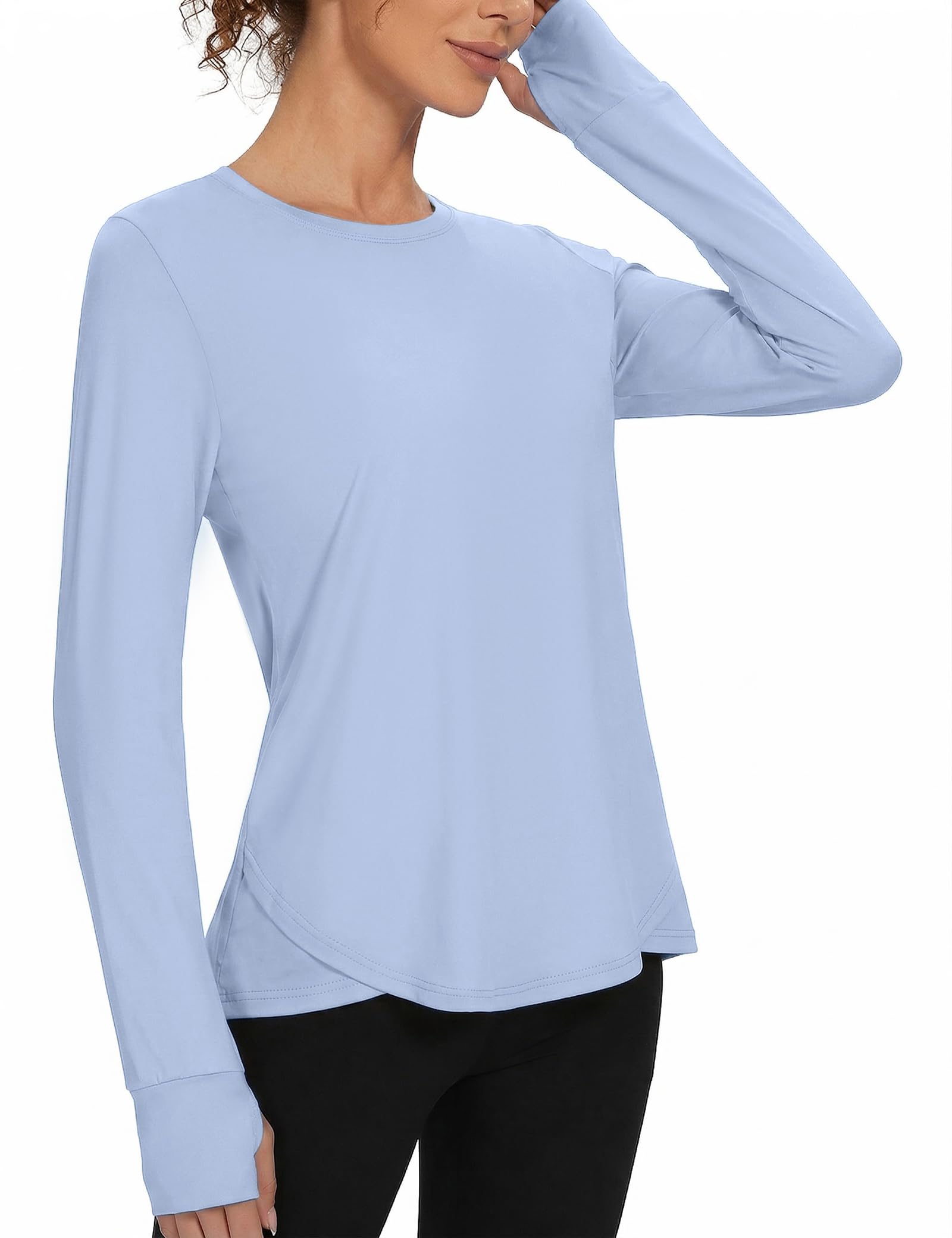 Gyabnw Damen Langarm Sport Top Rundhals Fitness Shirt mit UV-Schutz Atmungsaktiv Schnelltrocknend Ideal für Yoga Wandern Workout