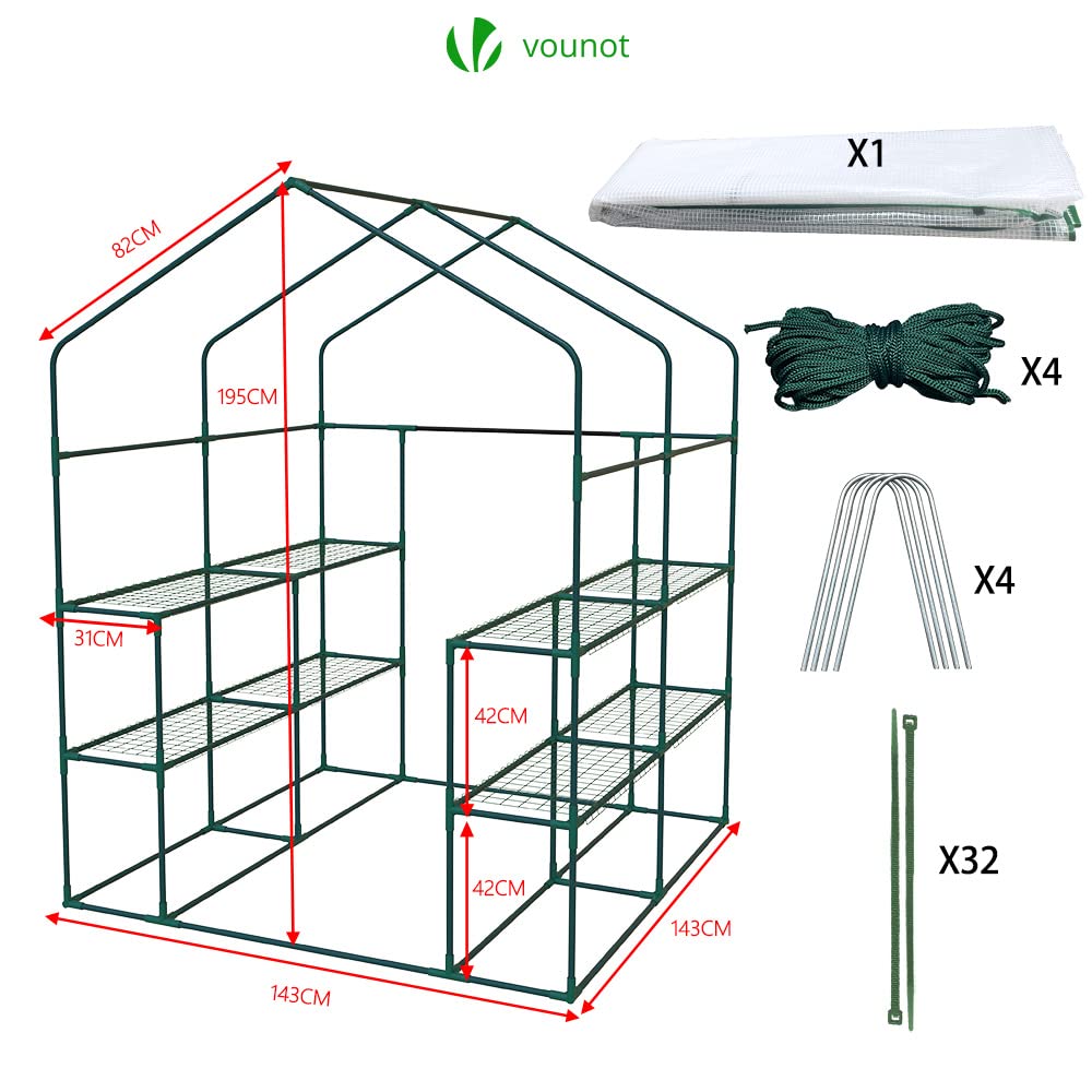 VOUNOT Kas, foliekas, inloopbaar tuinhuisje met 8 planken, tomatenkas, wit, 143 x 143 x 195 cm