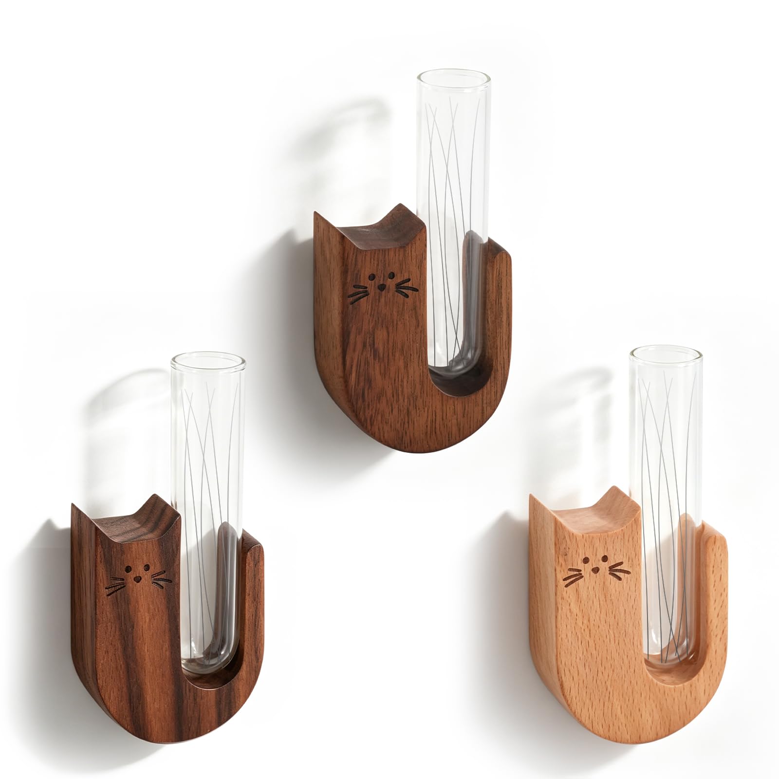 SITAKEGS Cat Whisker Holder, 3PCS Wooden Cat Whisker Collector and Keeper Refrigerator Magnet, Tiny Decorative Cat Whisker Holder Jar Mini Glass Flower Vase Memorial Gift for Pet Lovers and Home Decor