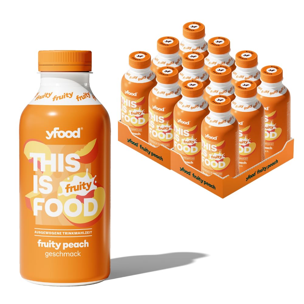 yfood Fruity Peach, repas prêt à boire, THIS IS FOOD, substitut de repas, 27 g de protéines, 26 vitamines et minéraux (12 x 500 ml), goût pêche
