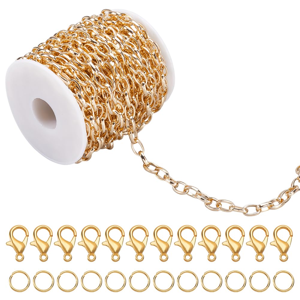 Cadena de Eslabones Ovalada de 39 pie/12 m Rollo de Cadena de Eslabones Dorados con Anilla de Salto Y Cierre de Langosta Conectores de Clip de Aluminio Sin Soldar de 11 x 7mm Kits de Cadenas