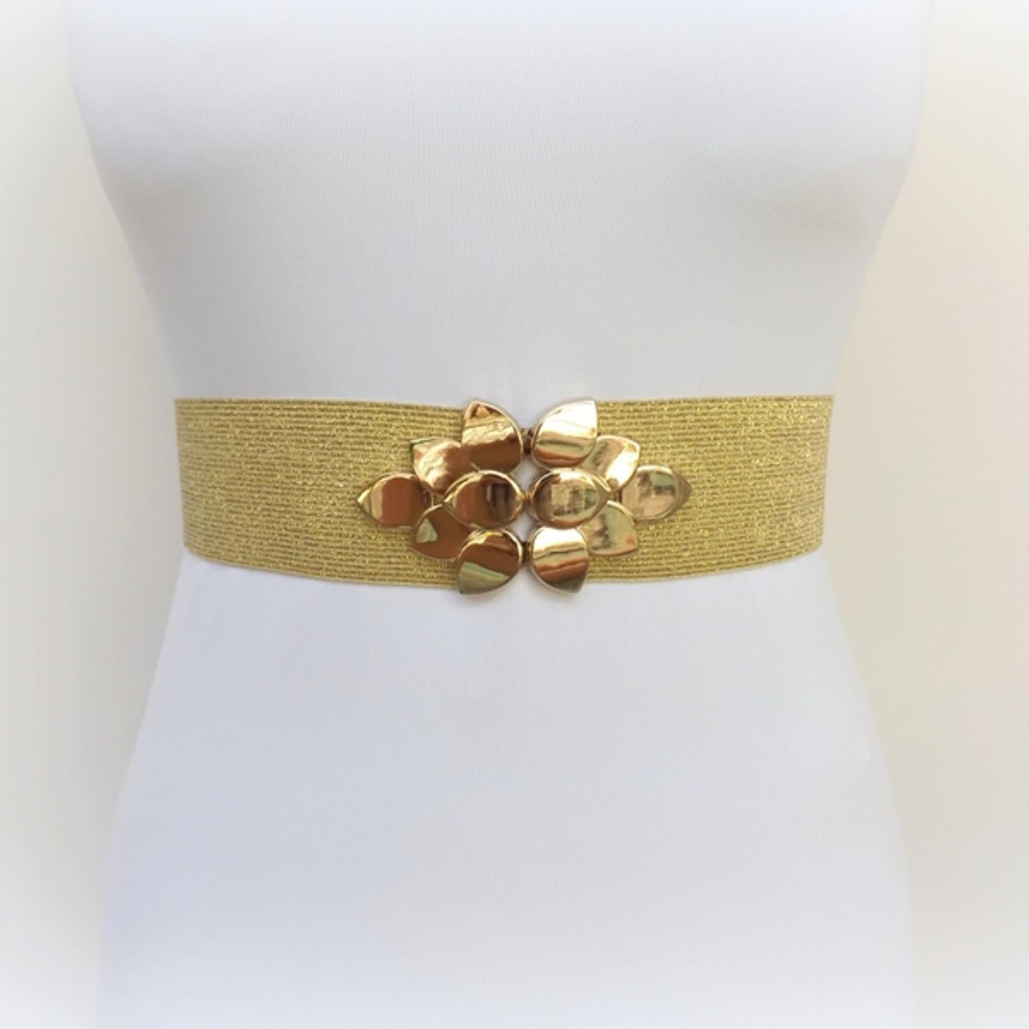 Gold Glitter Wide Elastic Waist Belt with Leaves Clasp