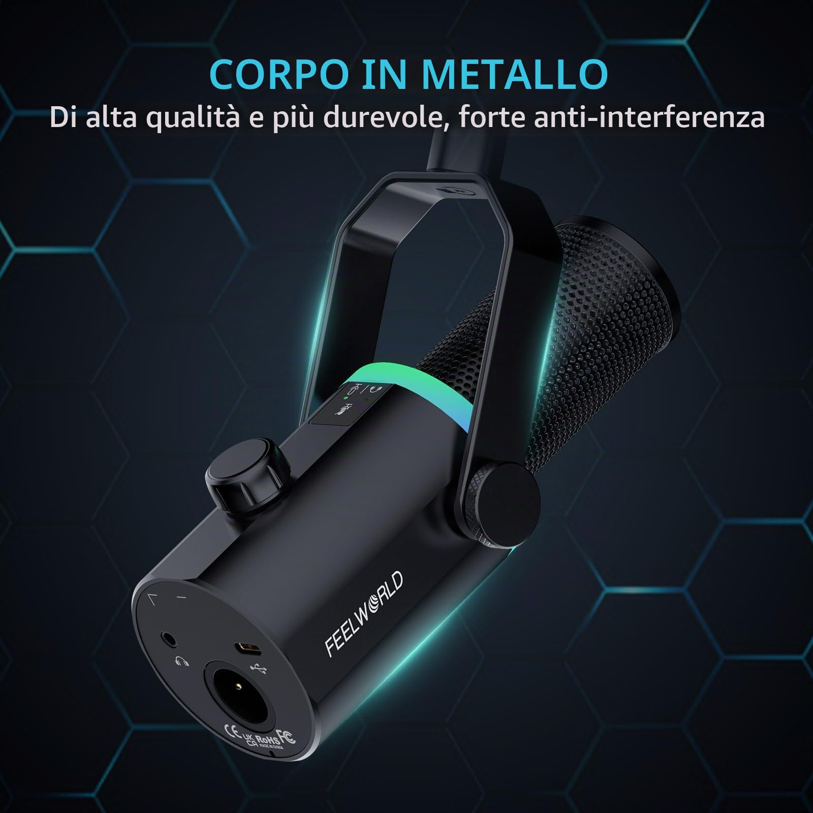 FEELWORLD PM1-AS Streaming Microfono Kit Dinamico，Microfono Dinamico per podcasting con supporto per braccio utilizzato per la registrazione di podcast, microfono da gioco per PC