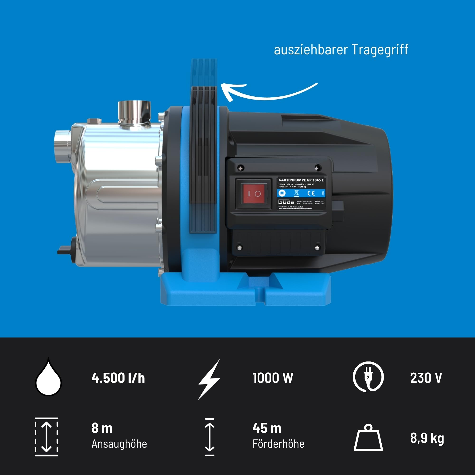 Güde Gartenpumpe GP 1045 E (1000 W, Fördervolumen: 4500 l/h, max. Förderhöhe: 45 m, max. Ansaughöhe: 8 m, Pumpengehäuse aus Edelstahl, Noryllaufrad, Thermoschutzschalter, ergonomischer Tragegriff)