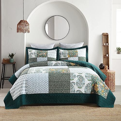 Secgo King Size Comforter Set- 100% Cotton Quilt King Size Set, Green, Emerald, bedspreads (98 * 106 Inch) with 2 Pillow Shams, Patchwork Reversible Lightweight Bedding