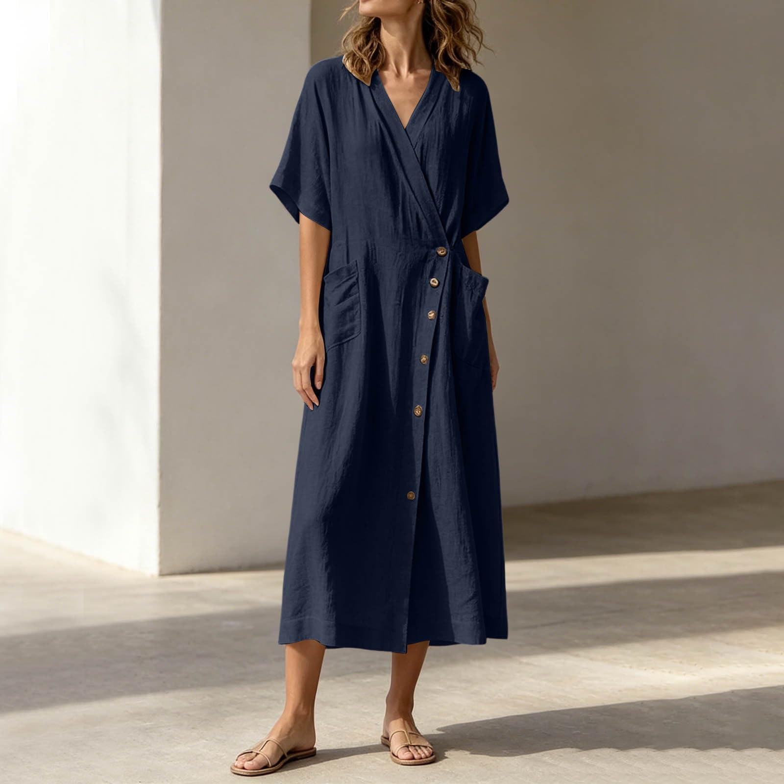 Vestido Casual De Mujer Con Diseño Cruzado Escote En V Botones Laterales Y