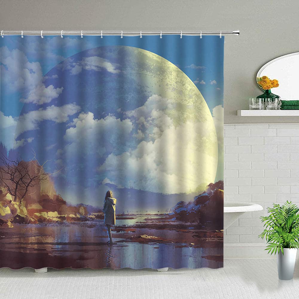 YIYAOFBH Notte Luna Terra Cielo stellato Tenda da doccia in tessuto Tende da bagno impermeabili Spazio Universo Tende da doccia con ganci 183x230 cm (72X91 pollici) tenda da doccia