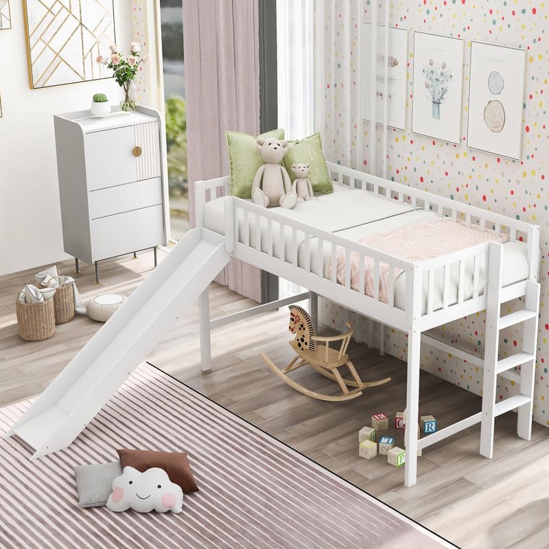 Twin Loft Bed with Slide, Modern Low Loftbeds with Guardrail and Ladder, Pine Wood Twin Bed Frame with Slat Support, Ample Storage Space, No Box Spring Needed, White