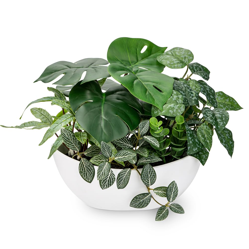 Hollyone 30CM Mixed Artificial Plants in White Pot, Decorative Fake Plants with Boat Pot