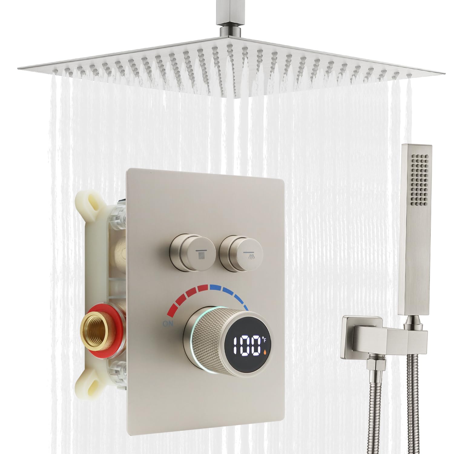 Digital Display Shower System Set 16 Inches Rain Fall Head Temperature Valve Shower Handheld Shower Head Sets for Bathroom Concealed Installation