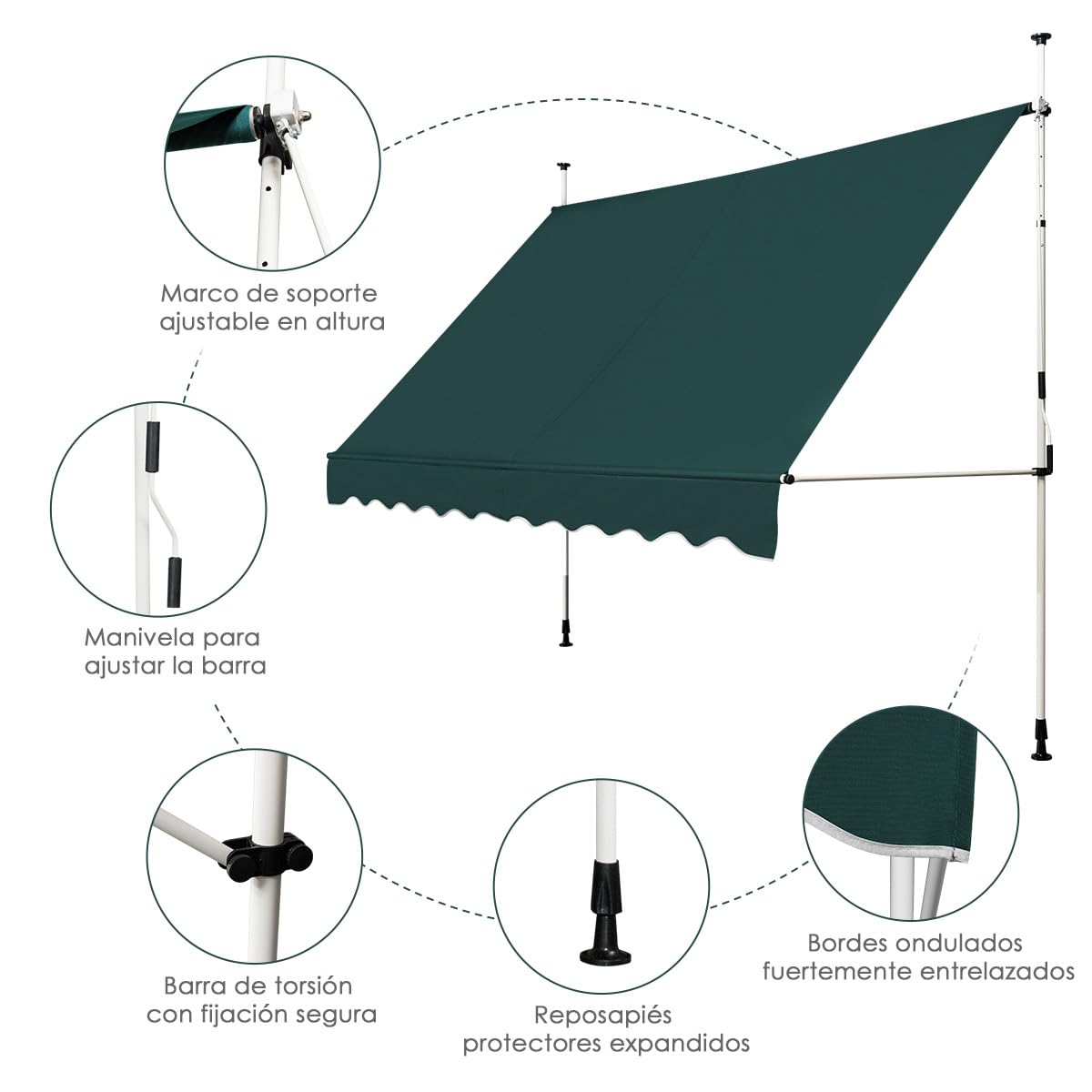 COSTWAY Toldos Exterior Terraza, Toldo Manual con Manivela y Resistente a la Intemperie, en Altura 200-300 cm, Toldos Exterior Terraza Enrollable para Balcón y Terraza (300 x 120 cm,Verde)