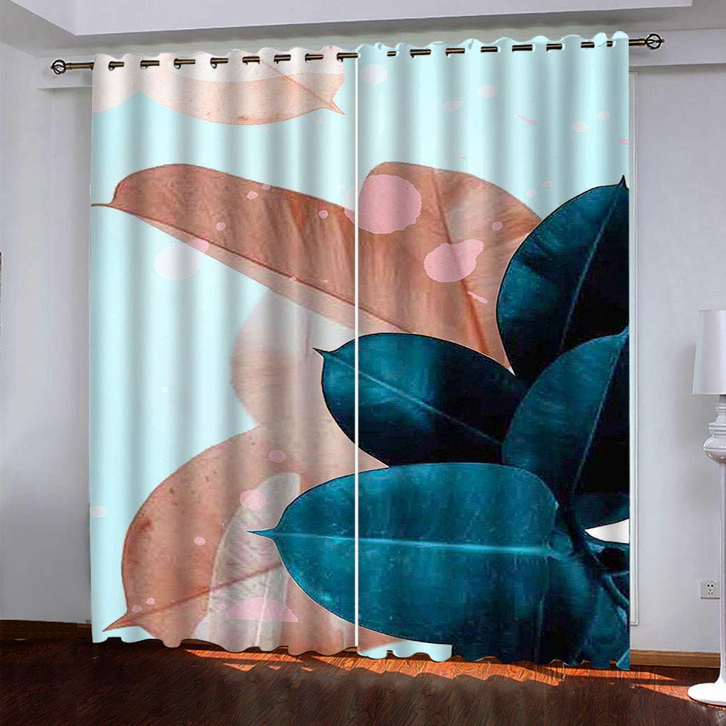 Gardinen Schlafzimmer Wohnzimmer Verdunkelungsvorhang Digitaldruck 3D Blaue Und Rosa Palmblätter Blickdicht Vorhänge Kinderzimmer Thermovorhang Mit Ösen 200X214Cm (B X H) 2Er Set
