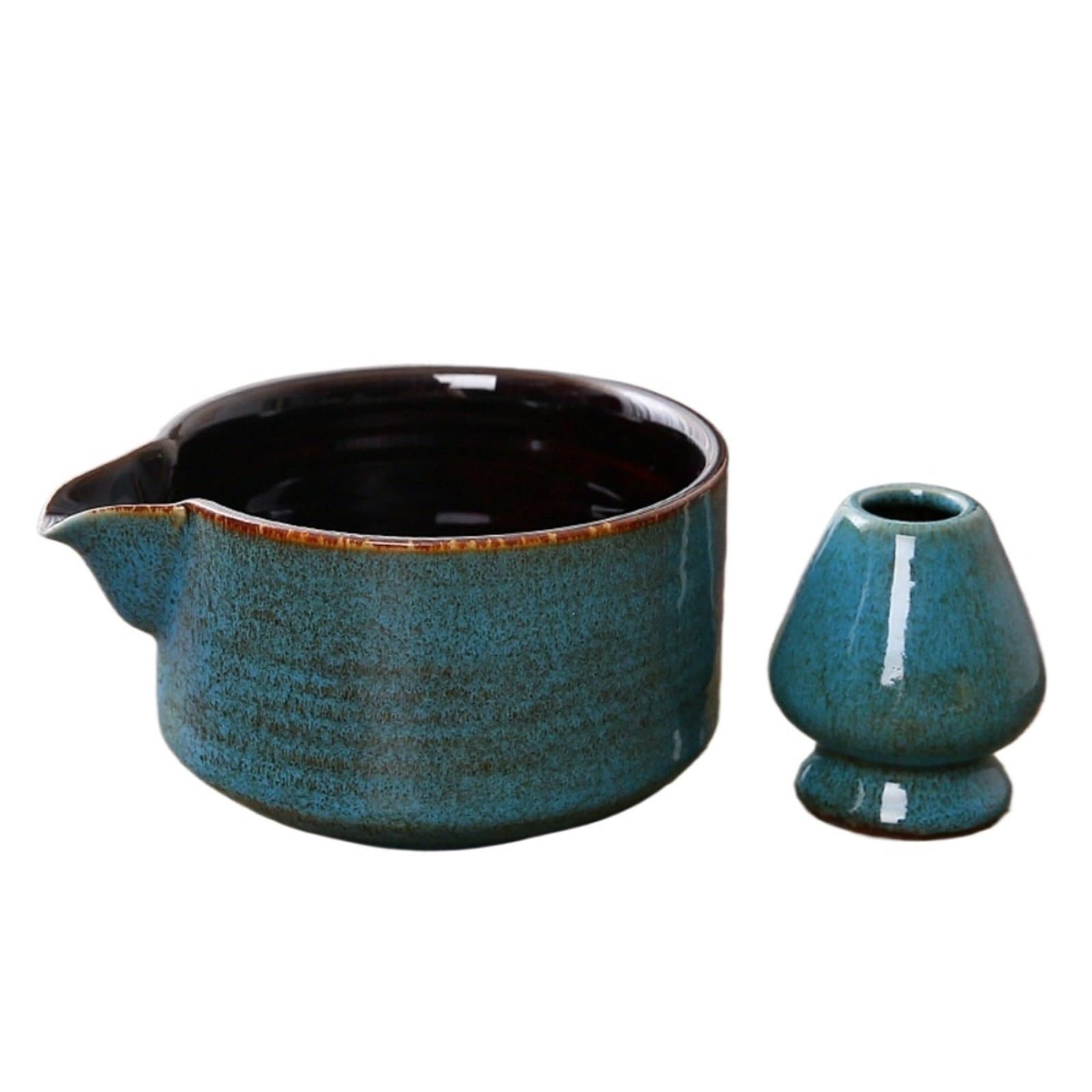 Juego De Té Matcha Juego De 2 Cuencos Cerámica For Matcha Con Pico Vertedor Y Soporte Reutilizable For Batidor Té, Cuenco Verde Hecho A Mano(Blue)