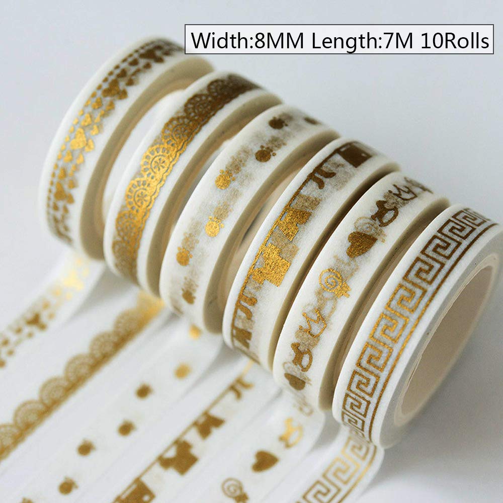 BLUGUL Gold Washi Tape, Masking Tape Set, Multi-Pattern Decorative, for DIY Craft Scrapbooking Gift Design, 10 Rolls