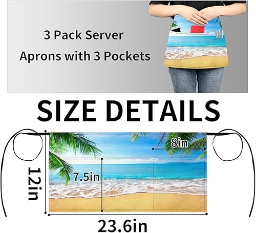 Miniatura 4 de KOBLEN Beach Palm Print 3 Pack Server Aprons with 3 Pocket Waterproof Womens Half Waist Aprons for Cooking Dishwashing Kitchen Gardening Salon