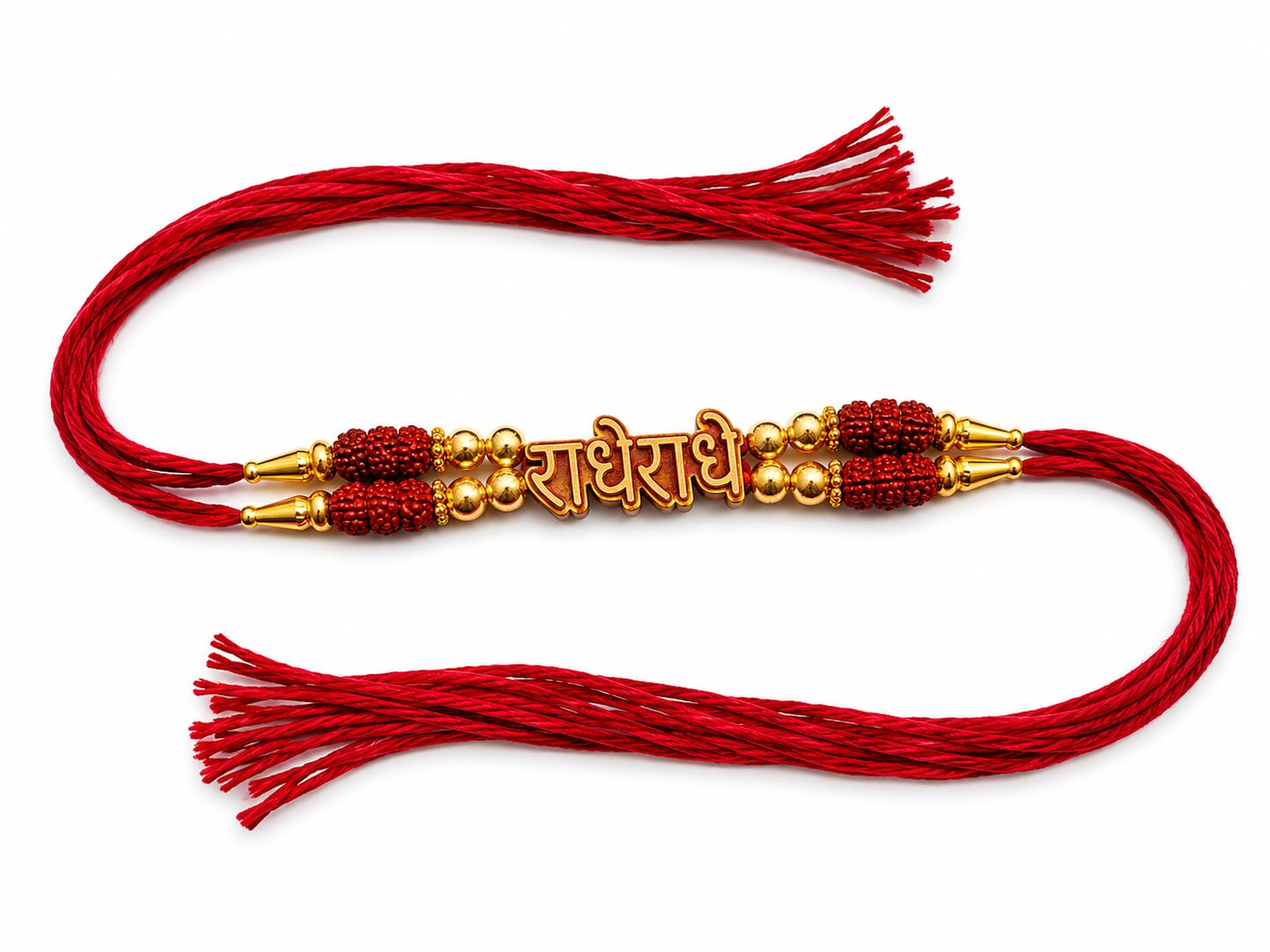 Premium Radhe Radhe Designer Rakhi with Rudraksha Beads & Golden Balls for Brother - Traditional Red Dori Rakhi for Raksha Bandhan-image-2