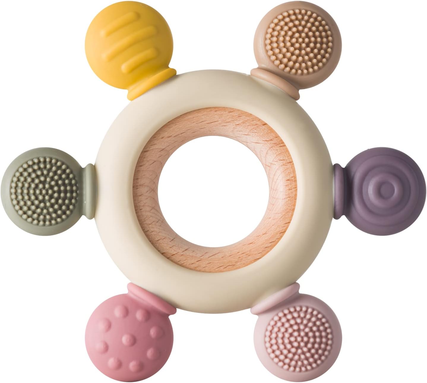Baby Teething Toys Silicone Teethers BPA Free Silicone Rudder with Wooden Ring Soothe Babies Gums (Khaki)