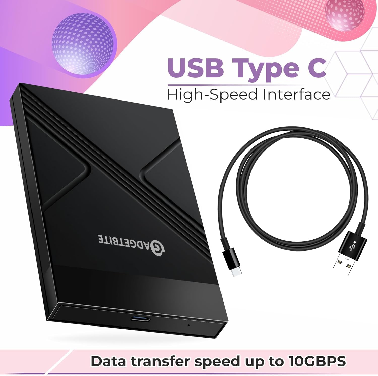 Gadgetbite Boîtier pour disque dur externe sans outils avec vitesse de transfert rapide jusqu'à 5 Gbit/s et capacité de stockage jusqu'à 4 To avec SSD/HDD 2,5 SATA (noir, USB vers type C)