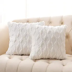 Volcanics Pack of 2 Faux Wool Throw Pillow Covers 20x20 Inches Decorative Farmhouse Velvet Couch Pillow Case Soft Plush Square Boho Cushion Pillowcase, White